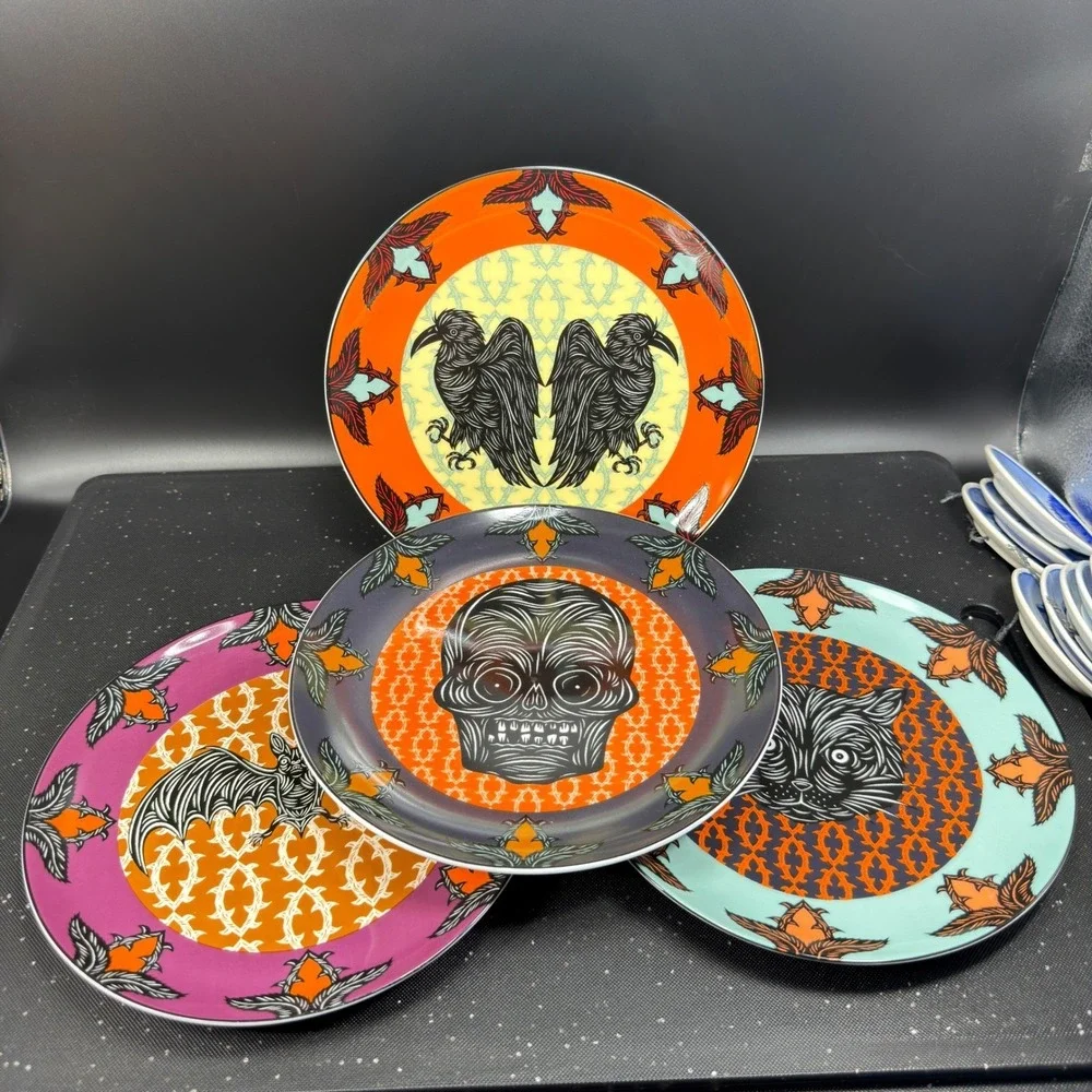 Crate & Barrel Patch NYC Halloween Plates Set 4 Skull Cat Bat Raven 8